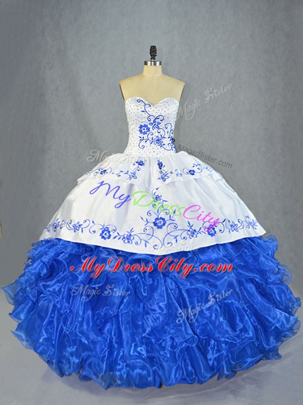 Custom Design Sleeveless Organza Brush Train Lace Up Quinceanera Gown in Blue And White with Beading and Embroidery and Ruffles