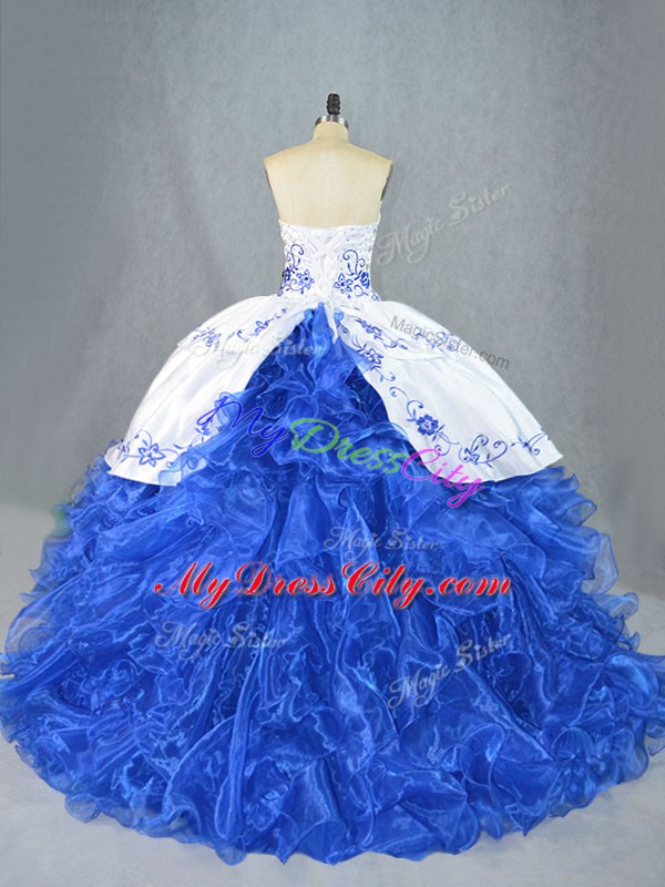 Custom Design Sleeveless Organza Brush Train Lace Up Quinceanera Gown in Blue And White with Beading and Embroidery and Ruffles