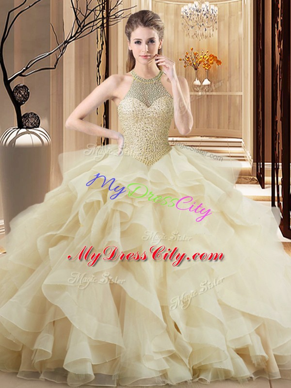 Champagne 15th Birthday Dress Sweet 16 and Quinceanera with Beading and Ruffles Halter Top Sleeveless Brush Train