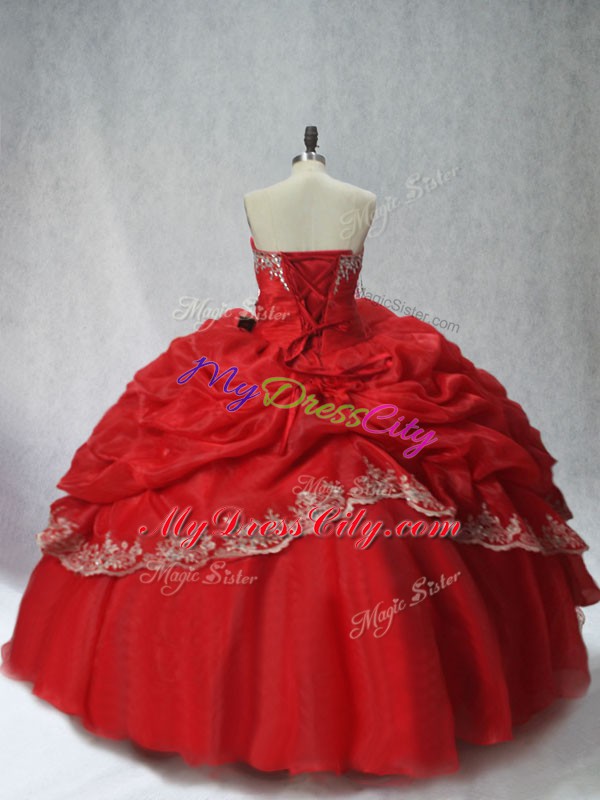 Red Lace Up Sweetheart Appliques and Pick Ups Sweet 16 Dresses Organza Sleeveless