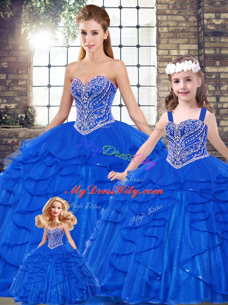 Clearance Royal Blue Ball Gowns Tulle Sweetheart Sleeveless Beading and Ruffles Floor Length Lace Up Quince Ball Gowns