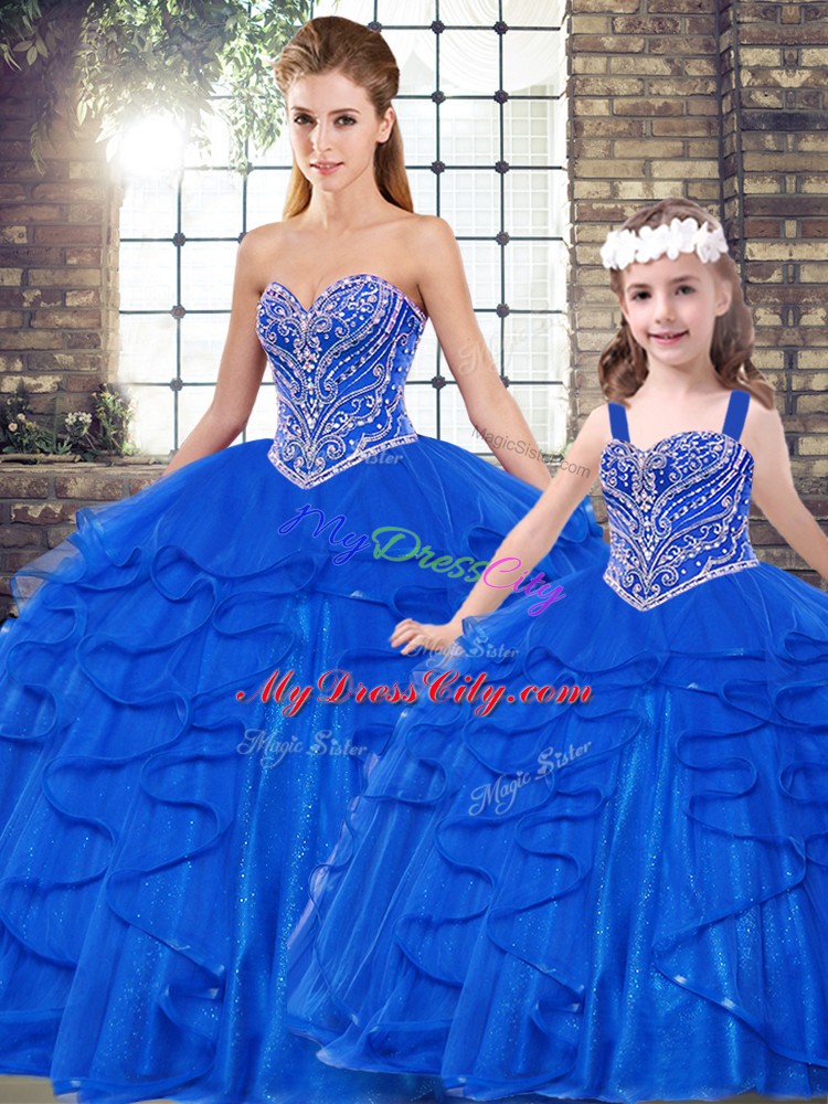 Clearance Royal Blue Ball Gowns Tulle Sweetheart Sleeveless Beading and Ruffles Floor Length Lace Up Quince Ball Gowns