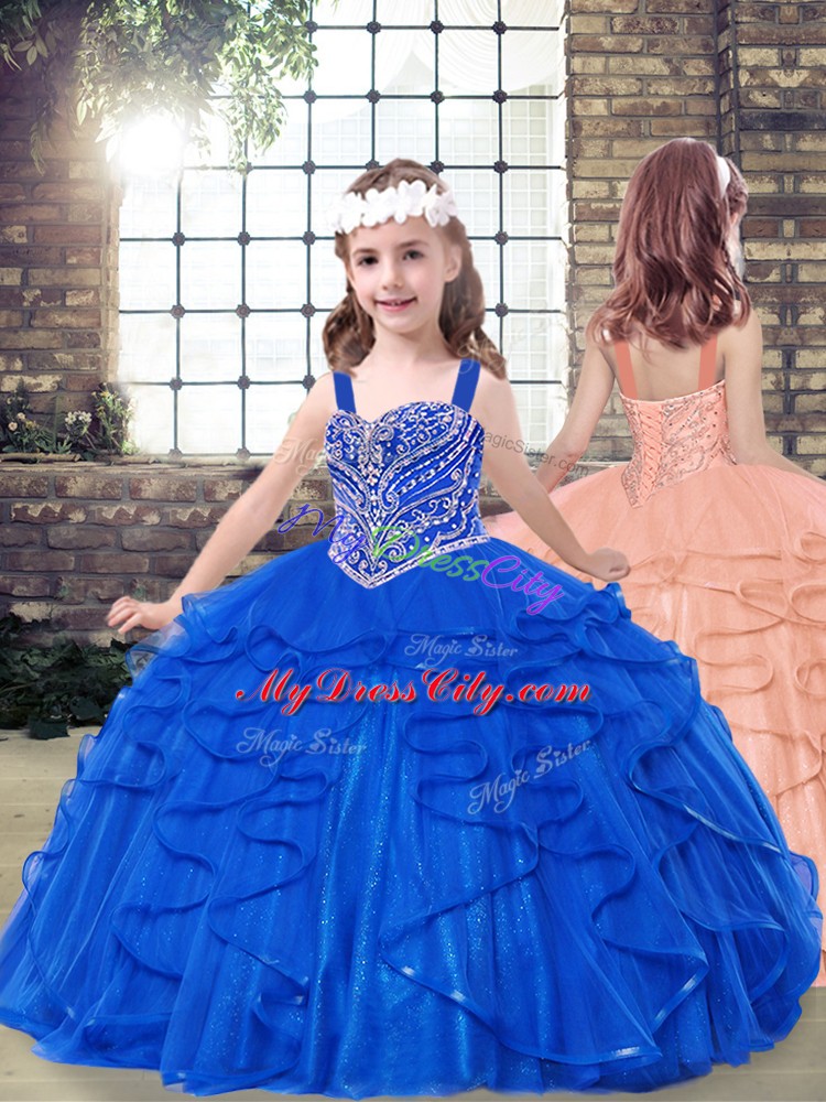 Clearance Royal Blue Ball Gowns Tulle Sweetheart Sleeveless Beading and Ruffles Floor Length Lace Up Quince Ball Gowns