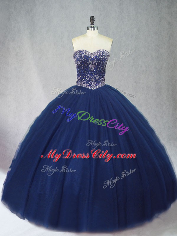 On Sale Sleeveless Tulle Floor Length Lace Up Quinceanera Dress in Navy Blue with Beading