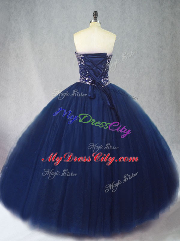 On Sale Sleeveless Tulle Floor Length Lace Up Quinceanera Dress in Navy Blue with Beading