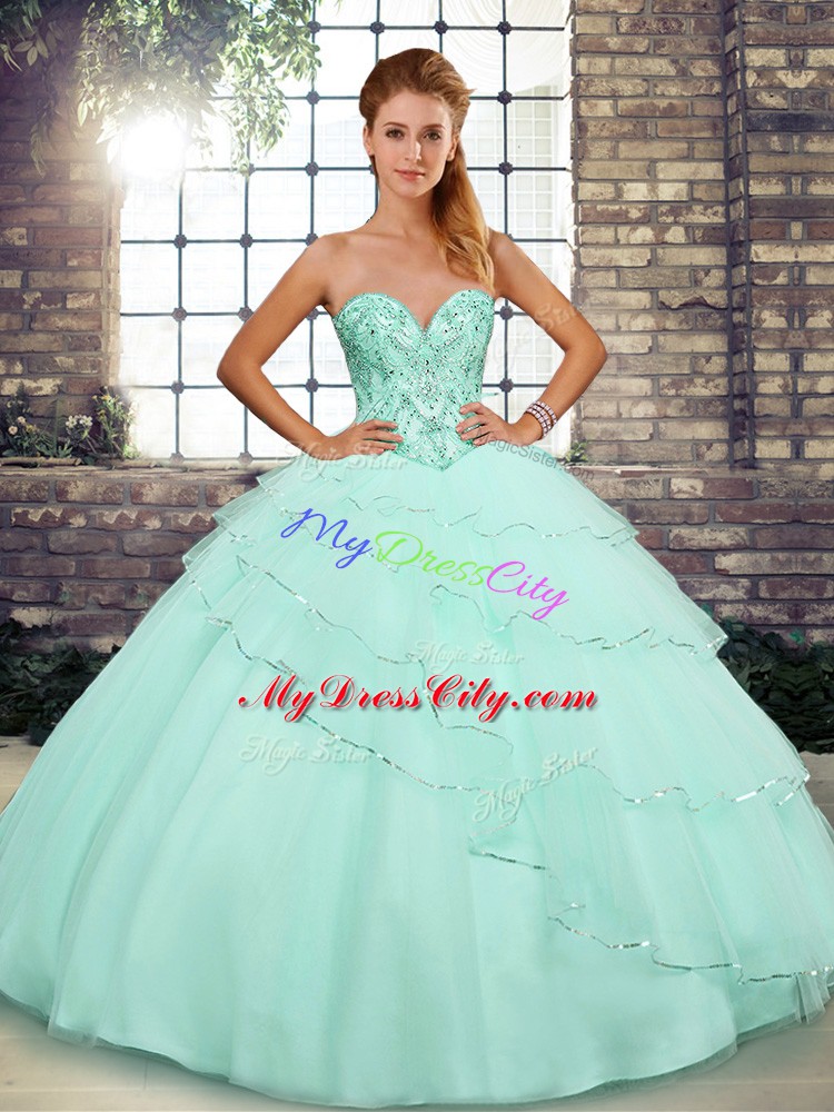 Apple Green Ball Gowns Beading and Ruffled Layers Quinceanera Dresses Lace Up Tulle Sleeveless