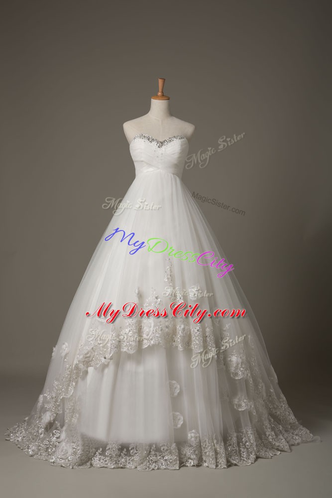 Hot Sale White Sleeveless Court Train Beading and Lace and Hand Made Flower Bridal Gown