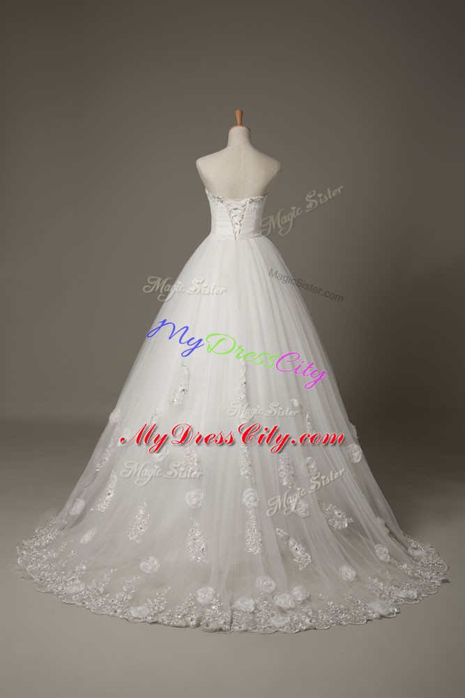 Hot Sale White Sleeveless Court Train Beading and Lace and Hand Made Flower Bridal Gown