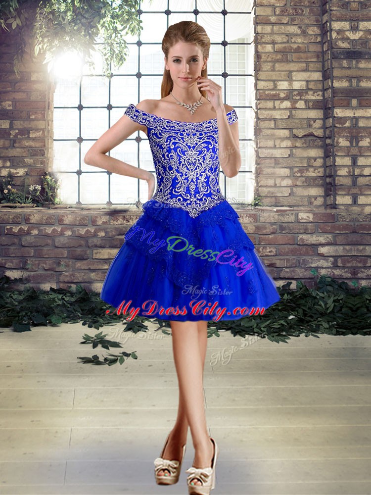 Royal Blue Ball Gowns Off The Shoulder Sleeveless Tulle Mini Length Lace Up Beading and Lace Evening Dress