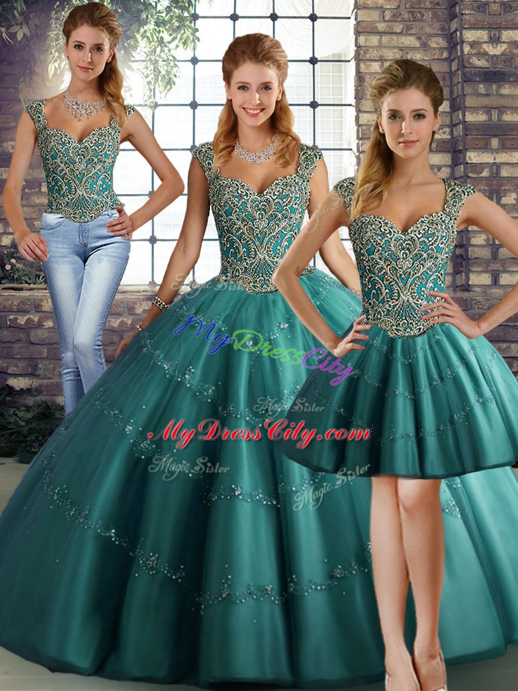 Teal Straps Lace Up Beading and Appliques Sweet 16 Dress Sleeveless