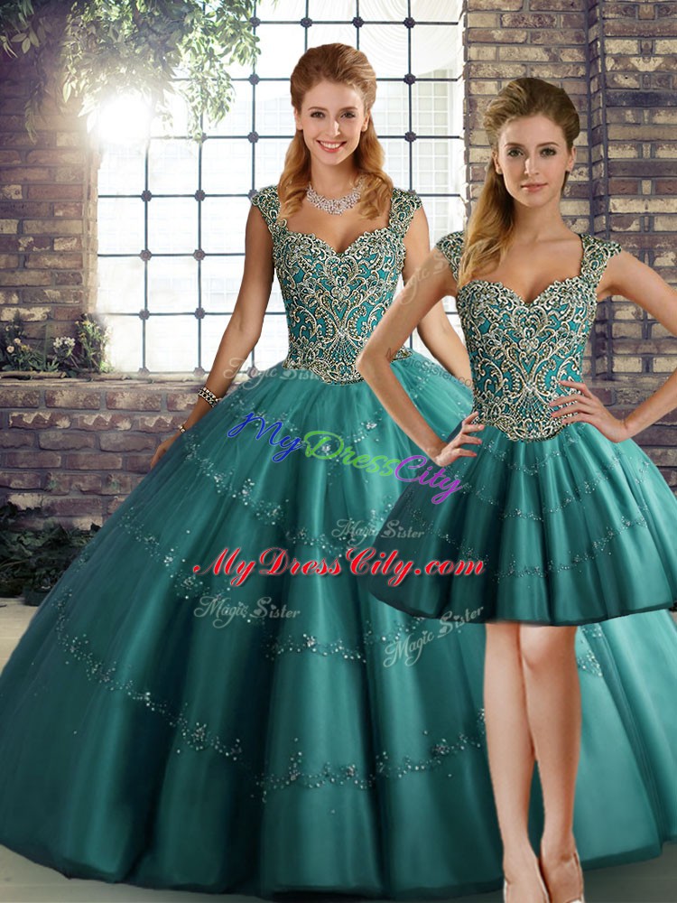 Teal Straps Lace Up Beading and Appliques Sweet 16 Dress Sleeveless