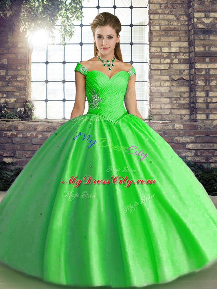 Cheap Ball Gowns Vestidos de Quinceanera Green Off The Shoulder Tulle Sleeveless Floor Length Lace Up