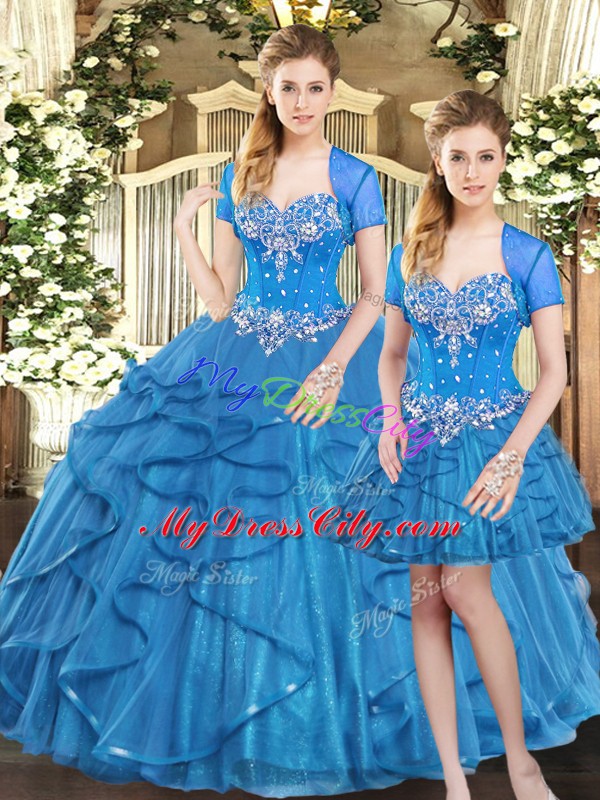 Customized Blue Sweetheart Lace Up Beading and Ruffles 15 Quinceanera Dress Sleeveless