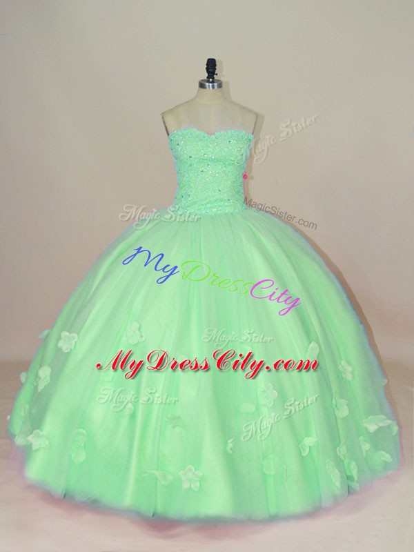 Charming Sleeveless Floor Length Hand Made Flower Lace Up Quinceanera Dress with Green