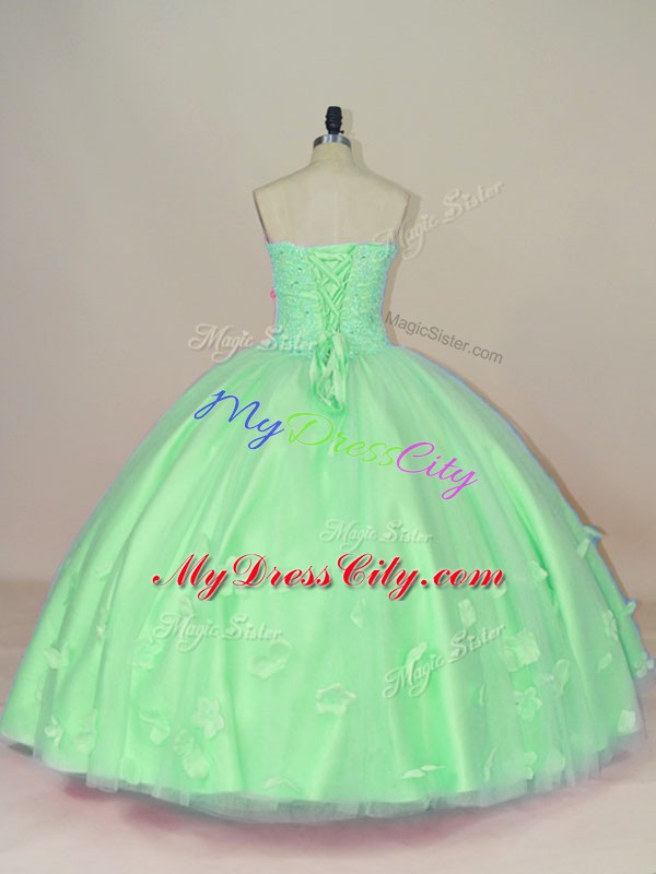 Charming Sleeveless Floor Length Hand Made Flower Lace Up Quinceanera Dress with Green