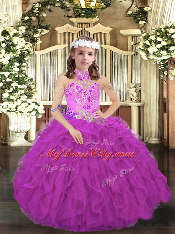 Hot Selling Purple Ball Gowns Halter Top Sleeveless Tulle Floor Length Lace Up Embroidery and Ruffles Winning Pageant Gowns