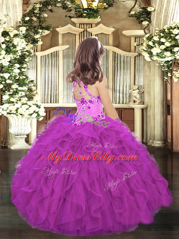 Hot Selling Purple Ball Gowns Halter Top Sleeveless Tulle Floor Length Lace Up Embroidery and Ruffles Winning Pageant Gowns