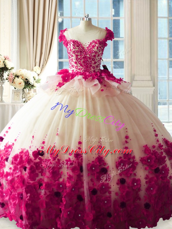 Tulle Scoop Sleeveless Brush Train Zipper Hand Made Flower Quinceanera Gown in Fuchsia