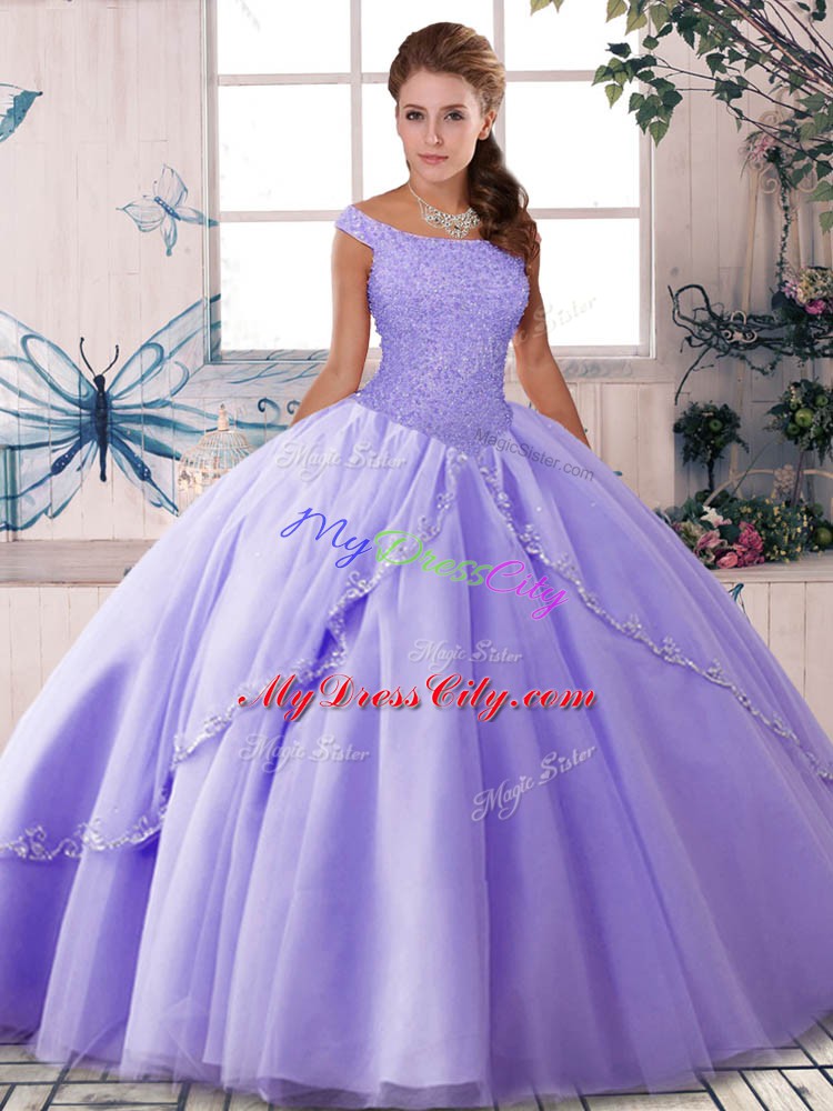 Lavender Lace Up Off The Shoulder Beading Vestidos de Quinceanera Tulle Sleeveless Brush Train