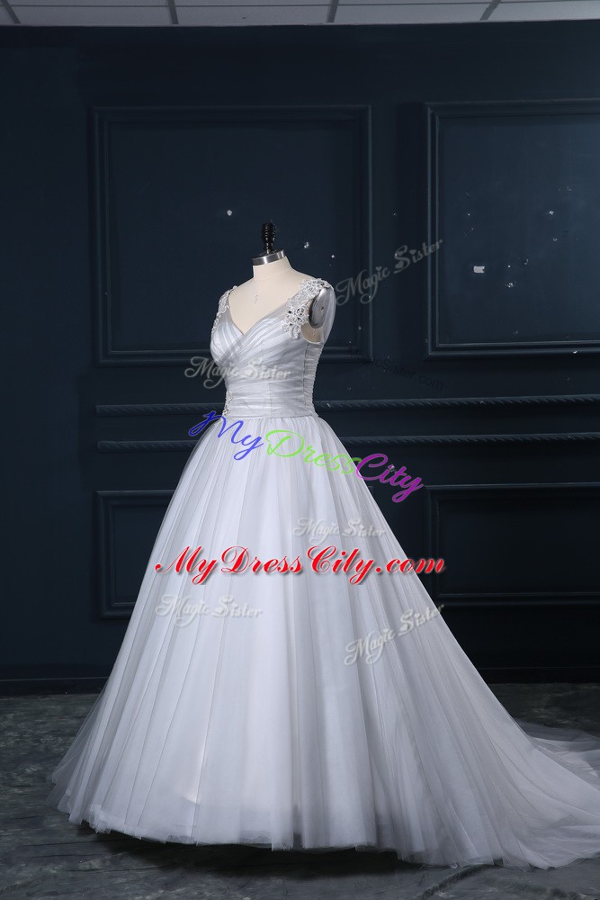 Appliques Wedding Dresses Grey Lace Up Sleeveless Brush Train