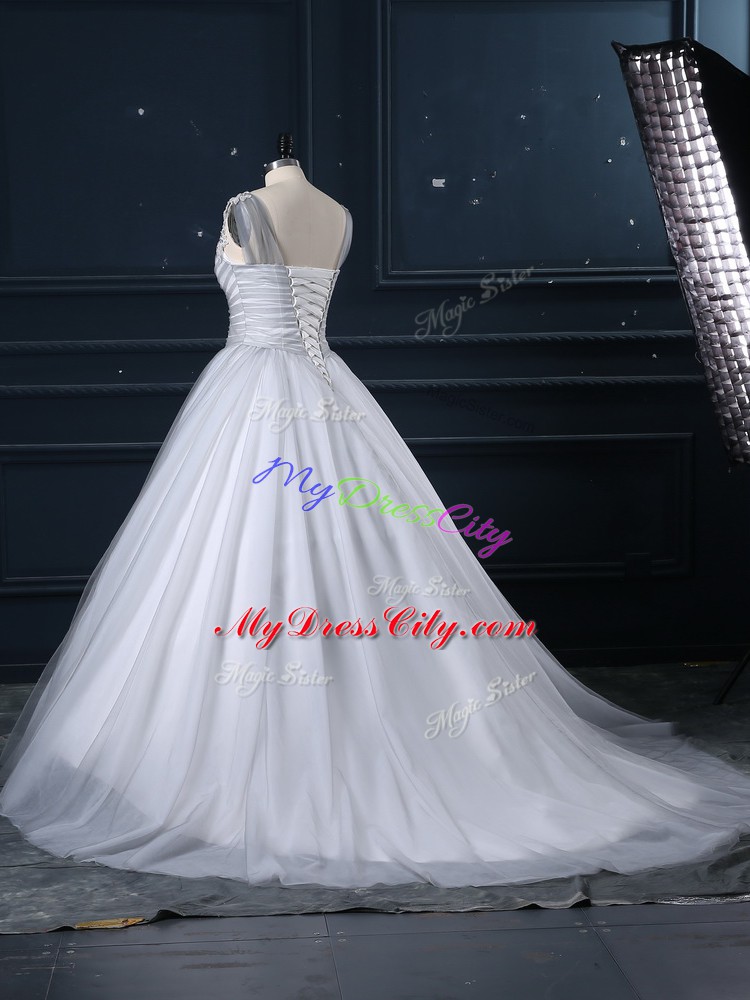 Appliques Wedding Dresses Grey Lace Up Sleeveless Brush Train