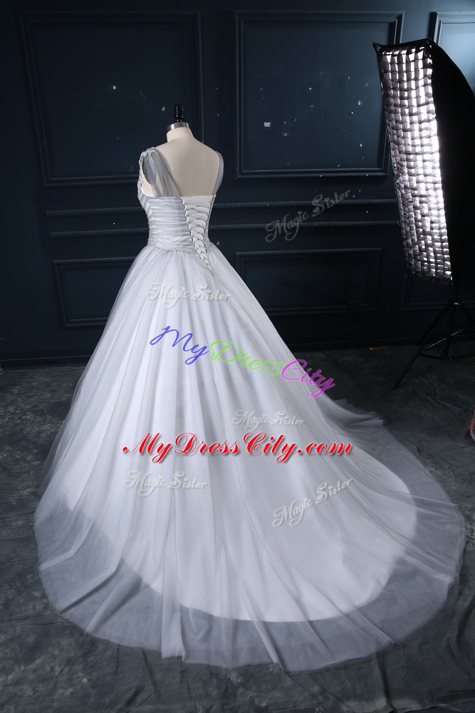 Appliques Wedding Dresses Grey Lace Up Sleeveless Brush Train