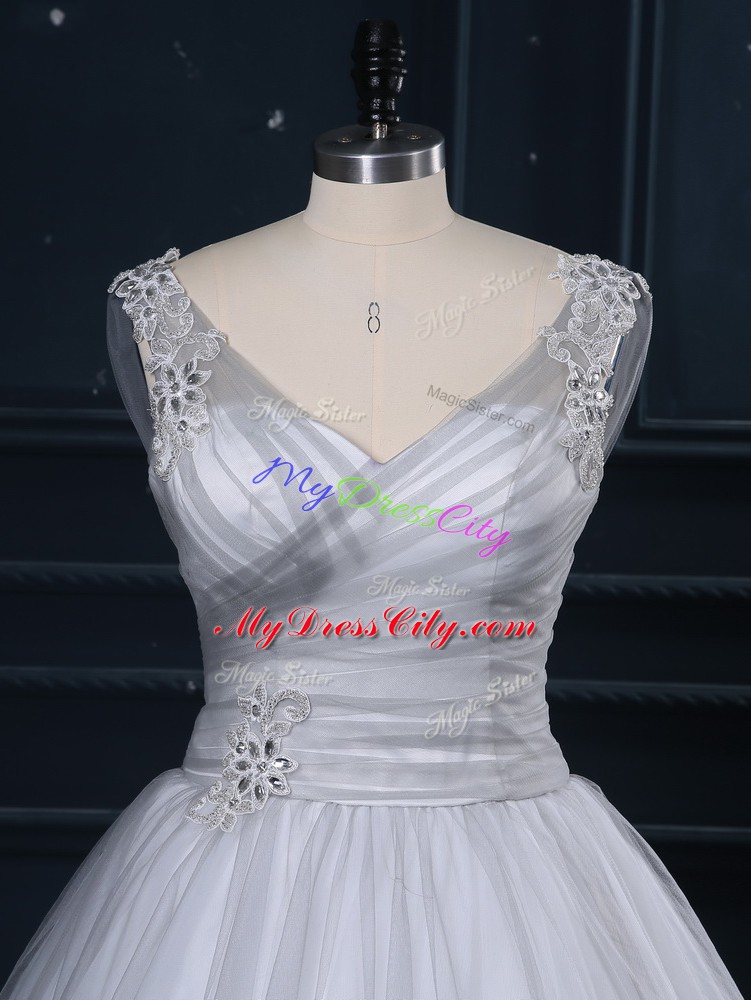 Appliques Wedding Dresses Grey Lace Up Sleeveless Brush Train