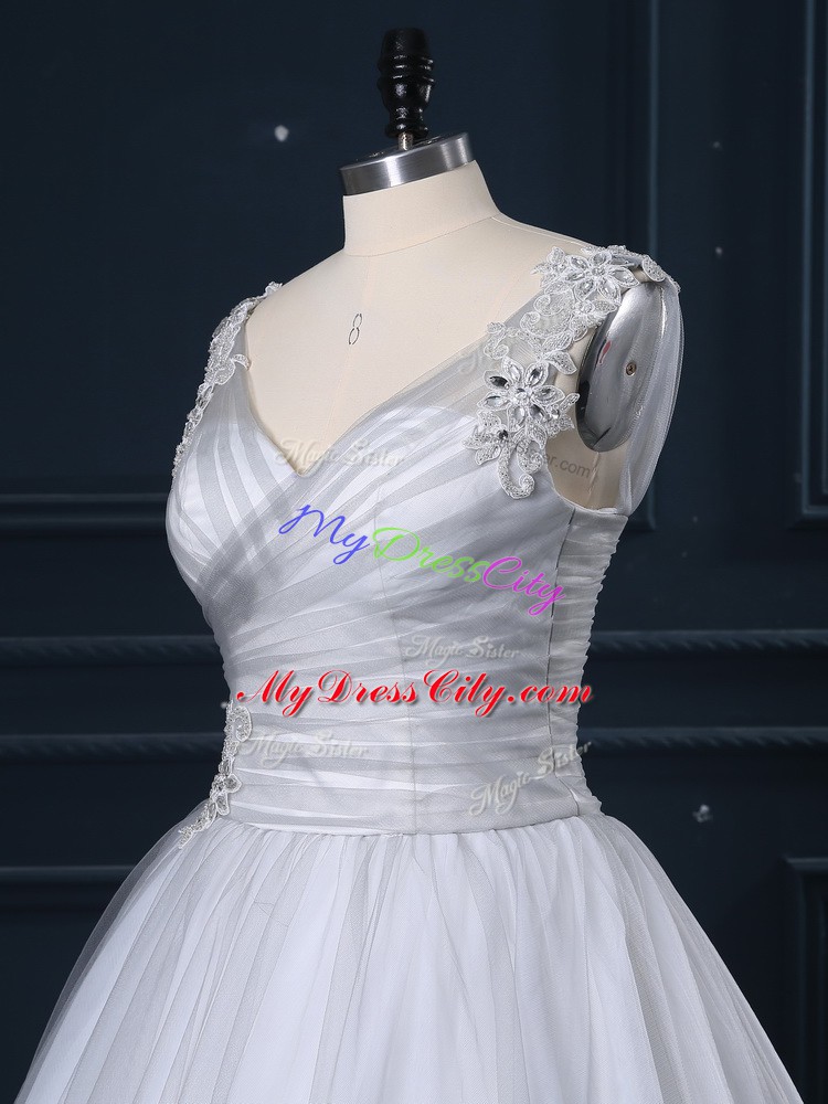 Appliques Wedding Dresses Grey Lace Up Sleeveless Brush Train