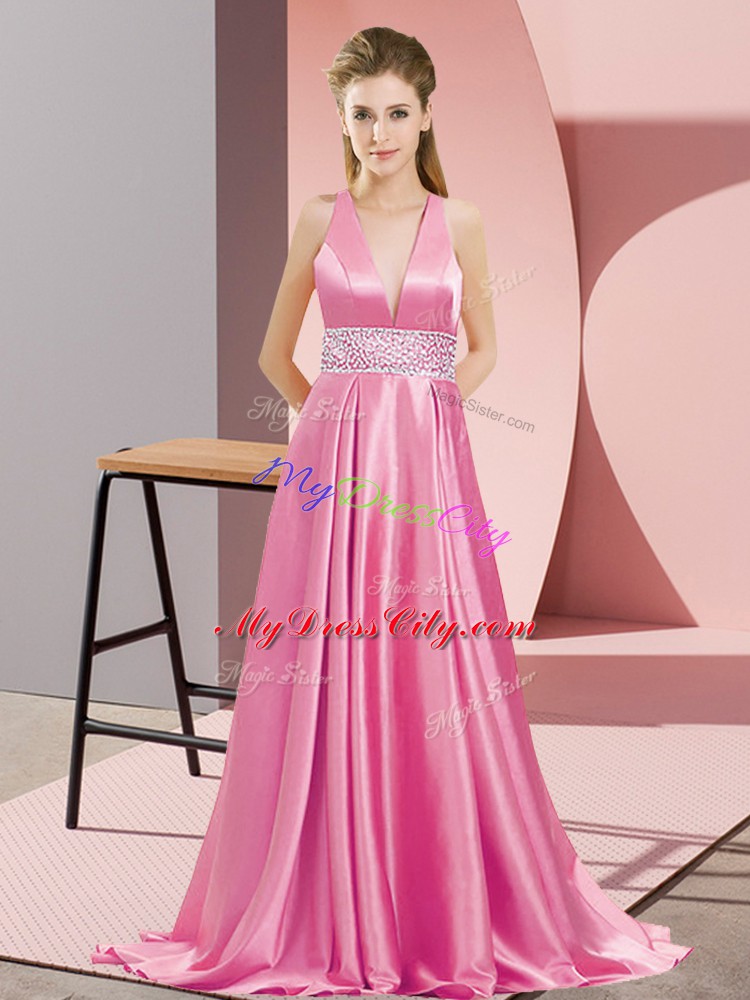 Fantastic V-neck Sleeveless Brush Train Backless Homecoming Party Dress Rose Pink Elastic Woven Satin