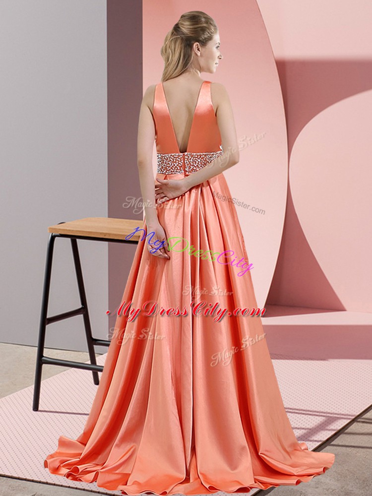 Fantastic V-neck Sleeveless Brush Train Backless Homecoming Party Dress Rose Pink Elastic Woven Satin