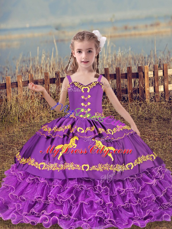 Eggplant Purple Sleeveless Beading and Embroidery and Ruffled Layers Floor Length Winning Pageant Gowns