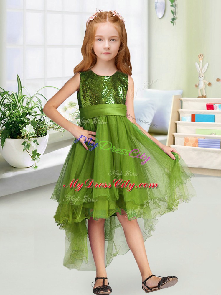 Comfortable Scoop Sleeveless Toddler Flower Girl Dress High Low Sequins and Bowknot Olive Green Organza