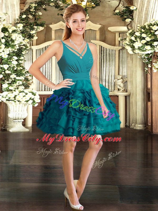 Teal Organza Backless V-neck Sleeveless Floor Length Ball Gown Prom Dress Ruffled Layers