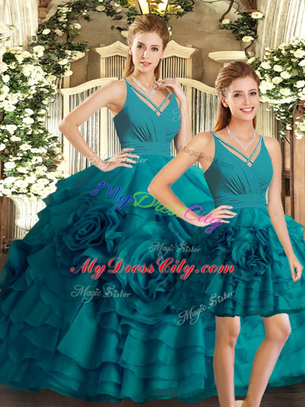 Teal Organza Backless V-neck Sleeveless Floor Length Ball Gown Prom Dress Ruffled Layers