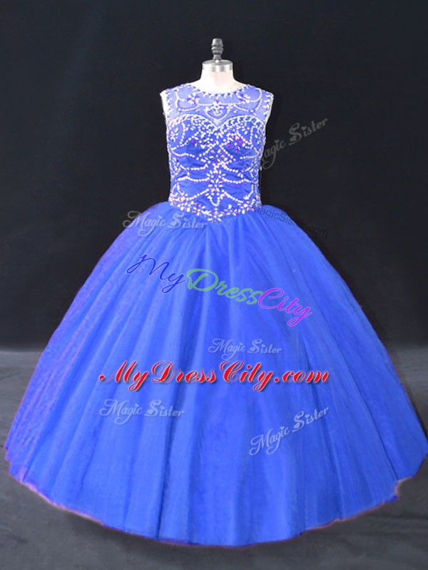 Fantastic Blue Lace Up Scoop Beading Quinceanera Gown Tulle Sleeveless