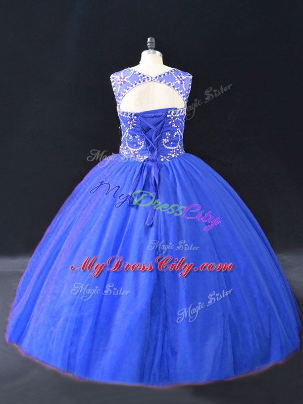 Fantastic Blue Lace Up Scoop Beading Quinceanera Gown Tulle Sleeveless