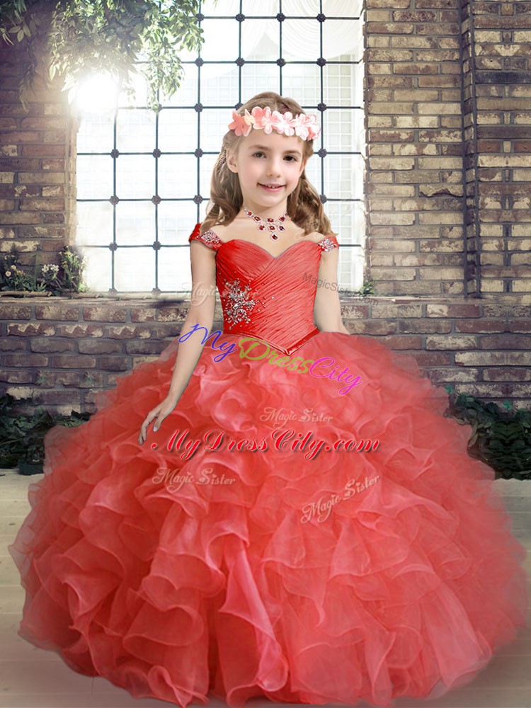 Eye-catching Red Straps Lace Up Beading Pageant Gowns For Girls Sleeveless