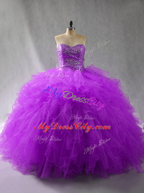 High Quality Beading and Ruffles Quinceanera Dresses Purple Lace Up Sleeveless Floor Length