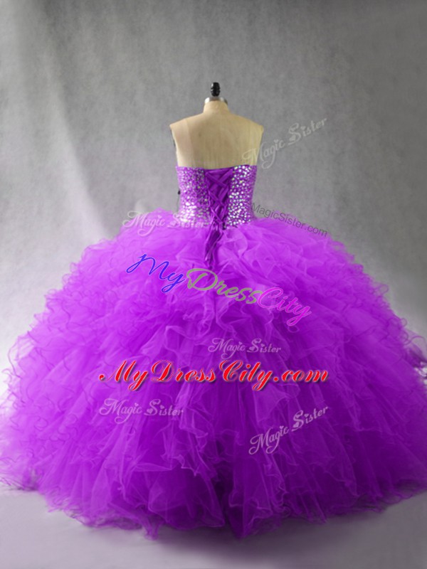 High Quality Beading and Ruffles Quinceanera Dresses Purple Lace Up Sleeveless Floor Length