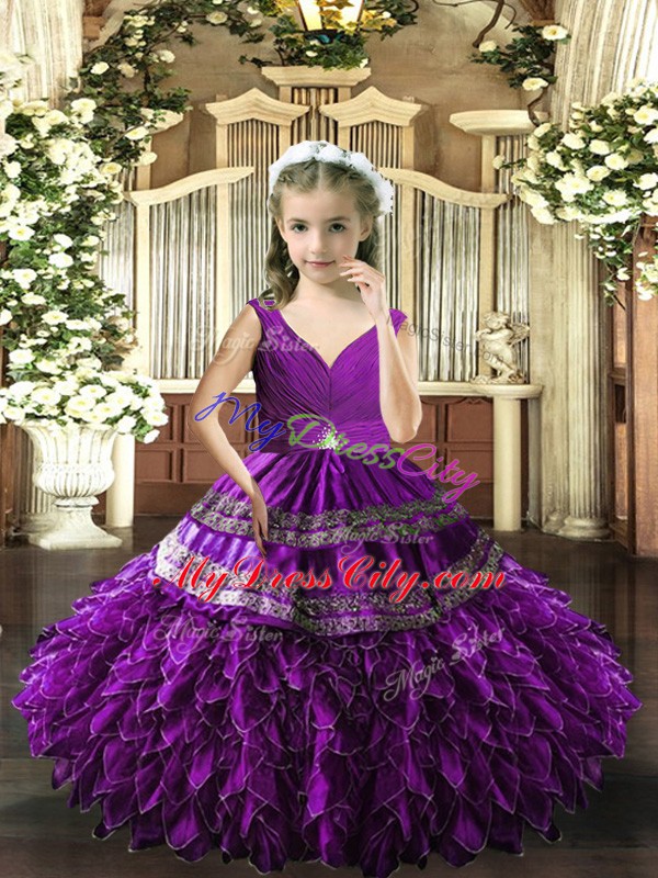 Floor Length Eggplant Purple Glitz Pageant Dress V-neck Sleeveless Backless