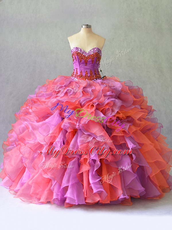 Floor Length Multi-color Quince Ball Gowns Organza Sleeveless Beading and Ruffles