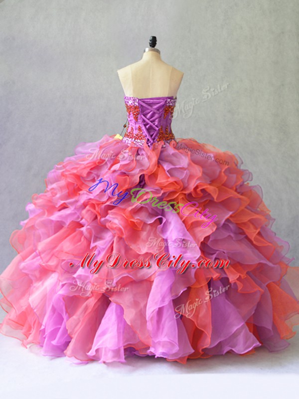 Floor Length Multi-color Quince Ball Gowns Organza Sleeveless Beading and Ruffles