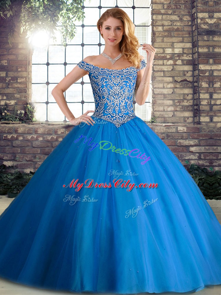 Off The Shoulder Sleeveless Brush Train Lace Up Quinceanera Dress Blue Tulle