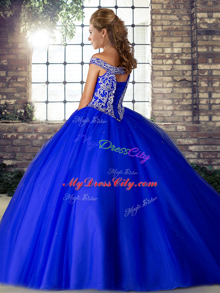 Off The Shoulder Sleeveless Brush Train Lace Up Quinceanera Dress Blue Tulle