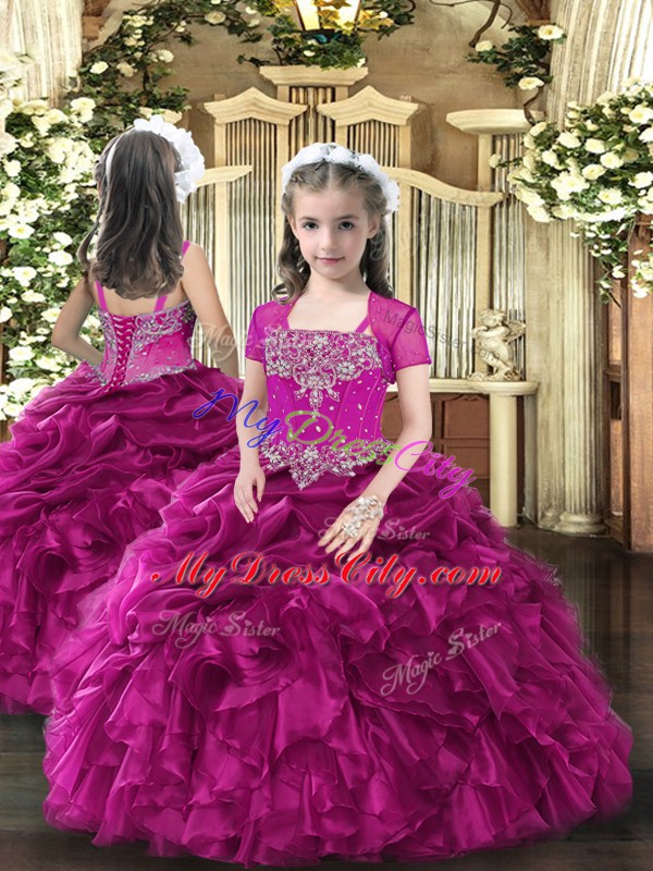 Custom Design Floor Length Lace Up Little Girls Pageant Gowns Fuchsia for Party and Wedding Party with Beading and Ruffles