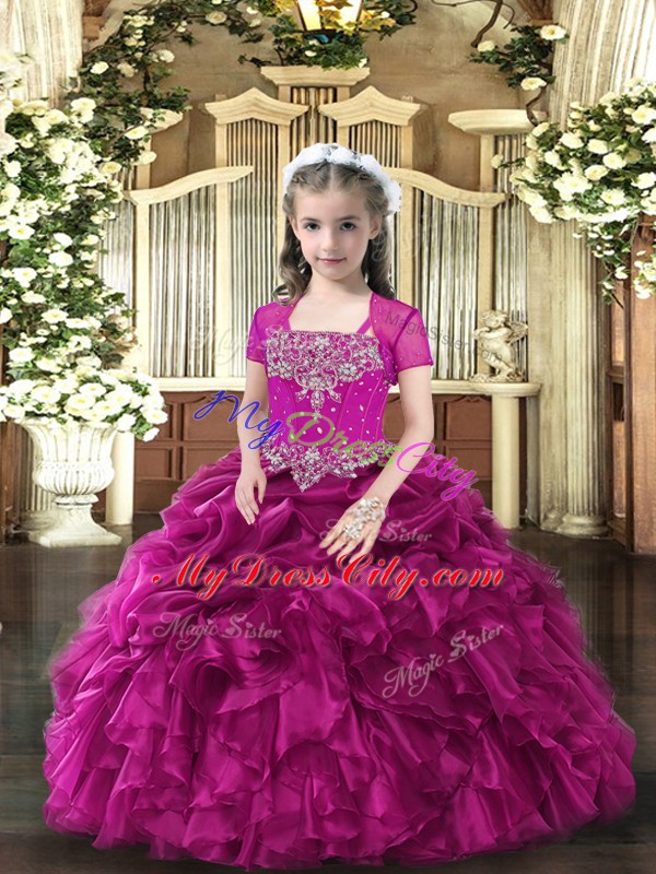 Custom Design Floor Length Lace Up Little Girls Pageant Gowns Fuchsia for Party and Wedding Party with Beading and Ruffles