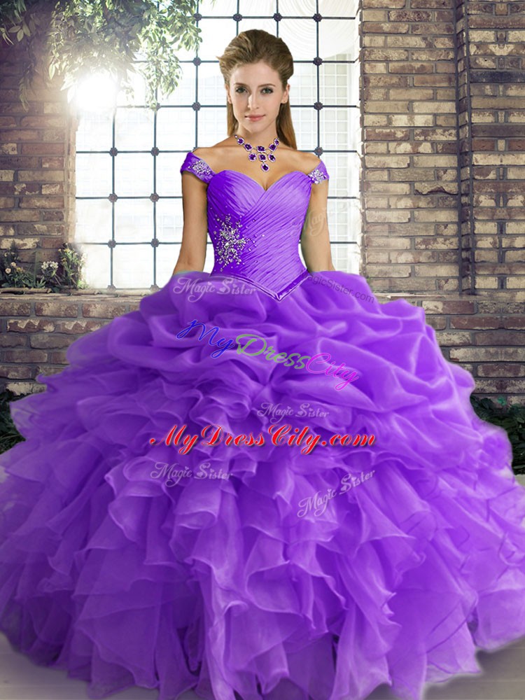 Lovely Organza Off The Shoulder Sleeveless Lace Up Beading and Ruffles and Pick Ups 15 Quinceanera Dress in Lavender