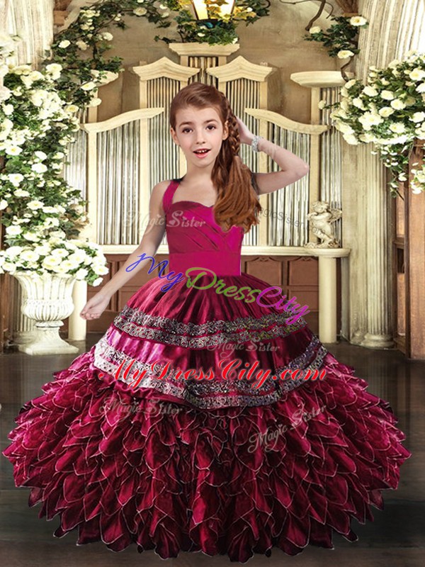 Floor Length Lace Up Kids Pageant Dress Hot Pink and Fuchsia for Party and Wedding Party with Appliques and Ruffles