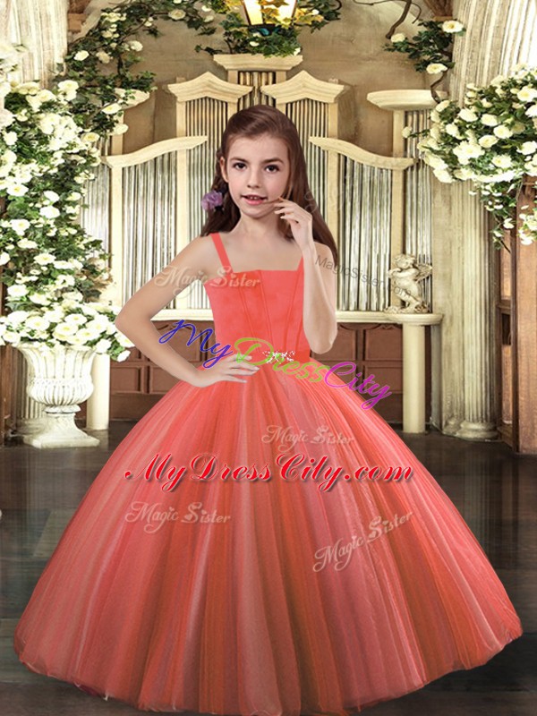 Straps Sleeveless Custom Made Pageant Dress Floor Length Beading Rust Red Tulle