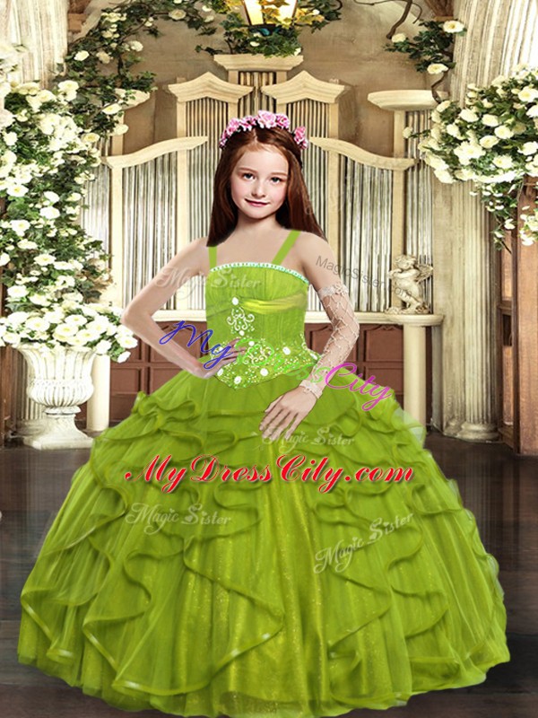 Enchanting Sleeveless Floor Length Beading and Ruffles Lace Up Glitz Pageant Dress with Olive Green